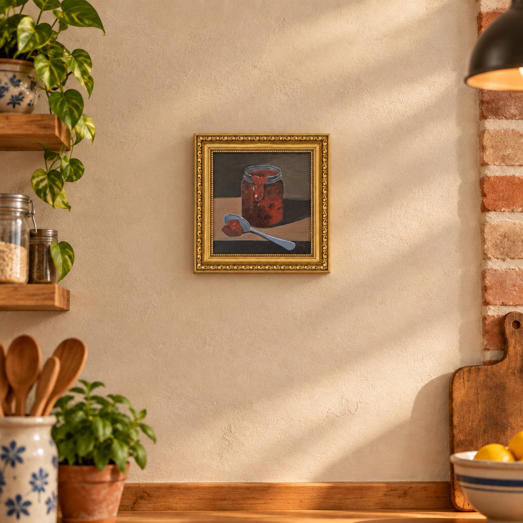 A framed still life painting depicting a glass jar filled with red jam, with a spoon holding a dollop of jam in front, set within an ornate gold frame.
