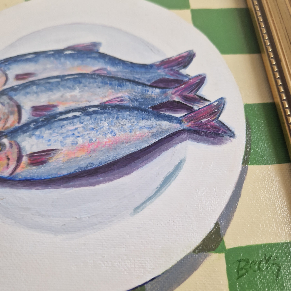 Three Sardines on Chequerboard – Original Framed Painting