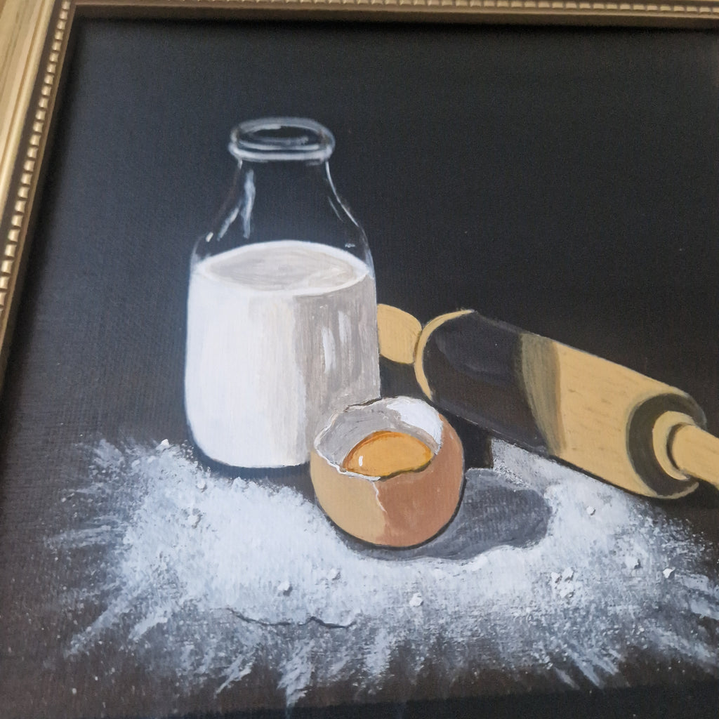 Original Baking Still Life Painting, Framed Small Canvas Art , Egg & Milk Bottle ,Moody Farmhouse Decor