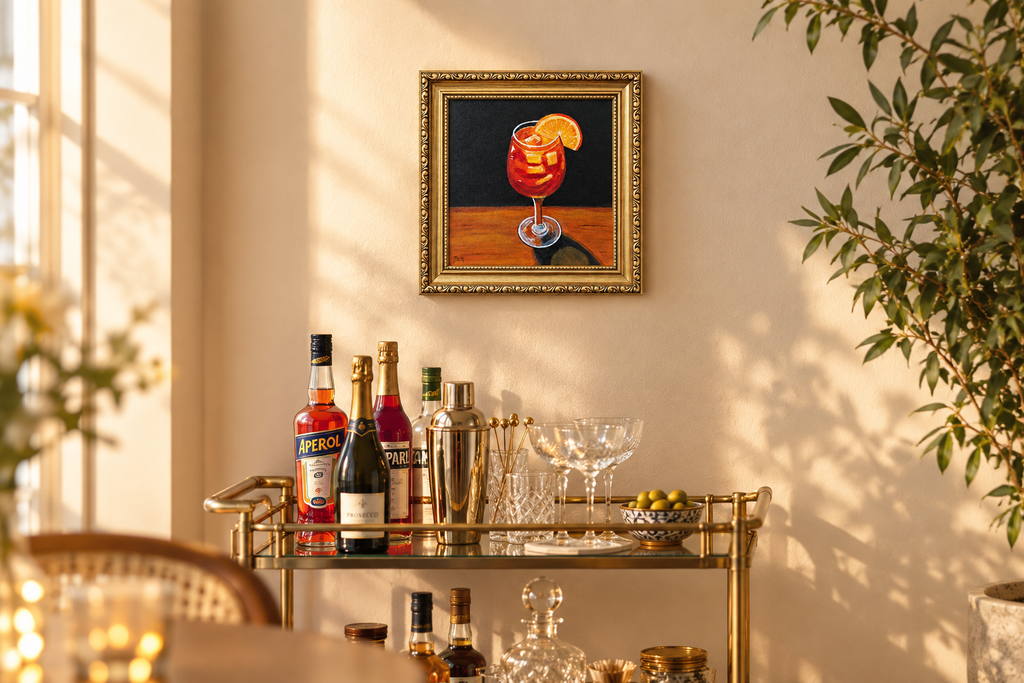 Aperol spritz painting above a home bar cart