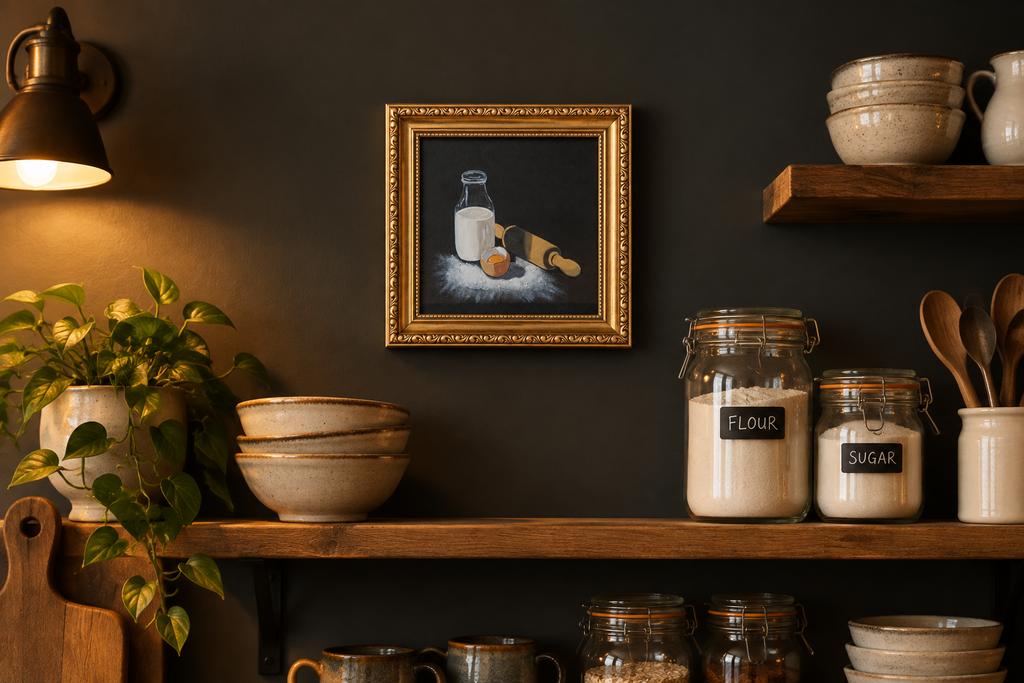Baking painting above dark kitchen shelving