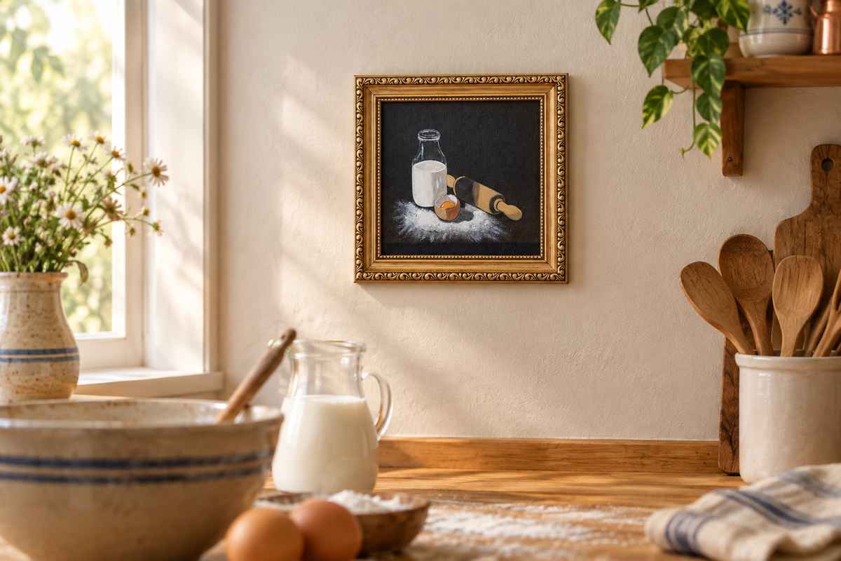 Baking painting in a bright farmhouse kitchen