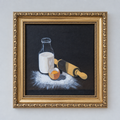 Original Baking Still Life Painting, Framed Small Canvas Art , Egg & Milk Bottle ,Moody Farmhouse Decor