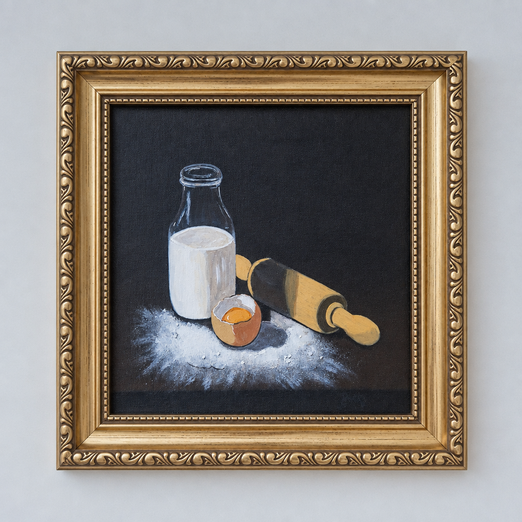Original Baking Still Life Painting, Framed Small Canvas Art , Egg & Milk Bottle ,Moody Farmhouse Decor