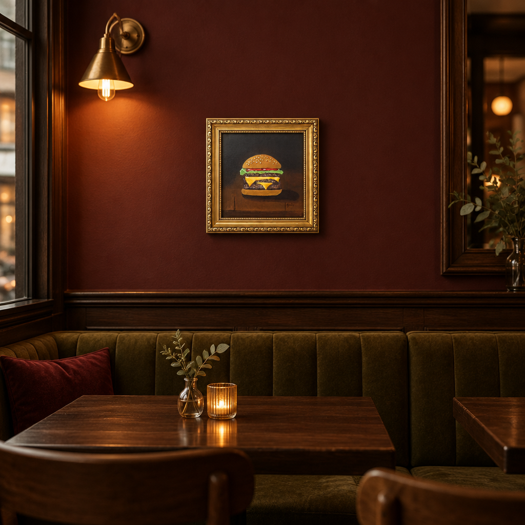 Burger painting displayed at true scale in a cosy restaurant