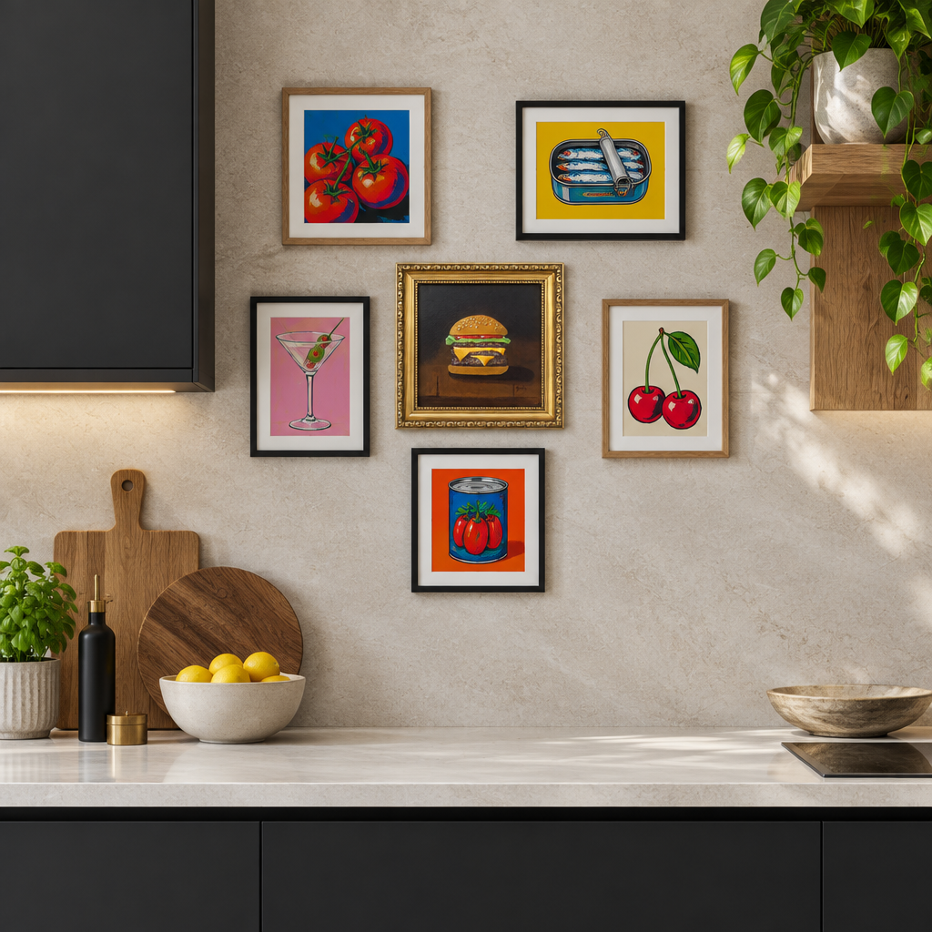 Burger painting with food-themed pop art in a modern black kitchen