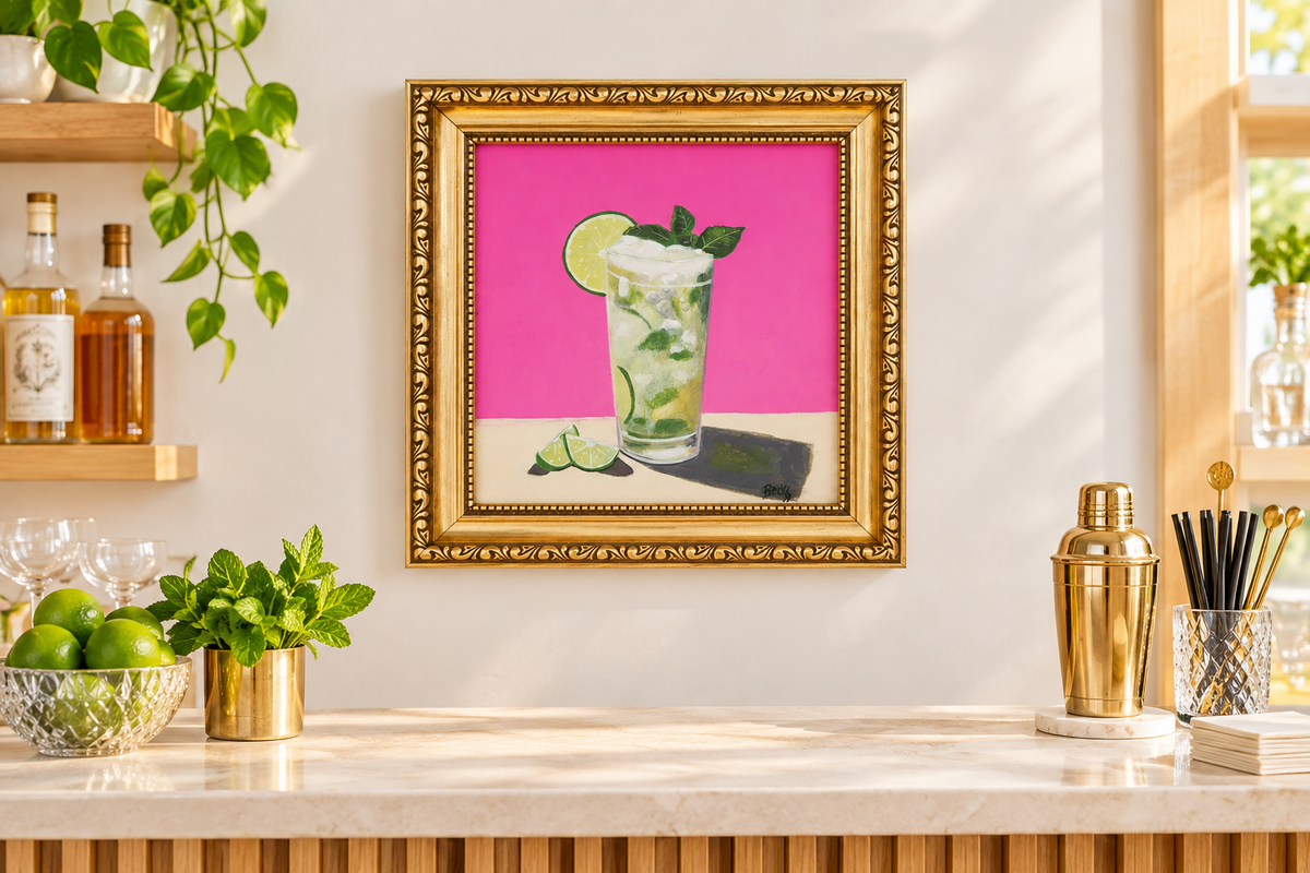 Framed painting in a bright bar, closer view