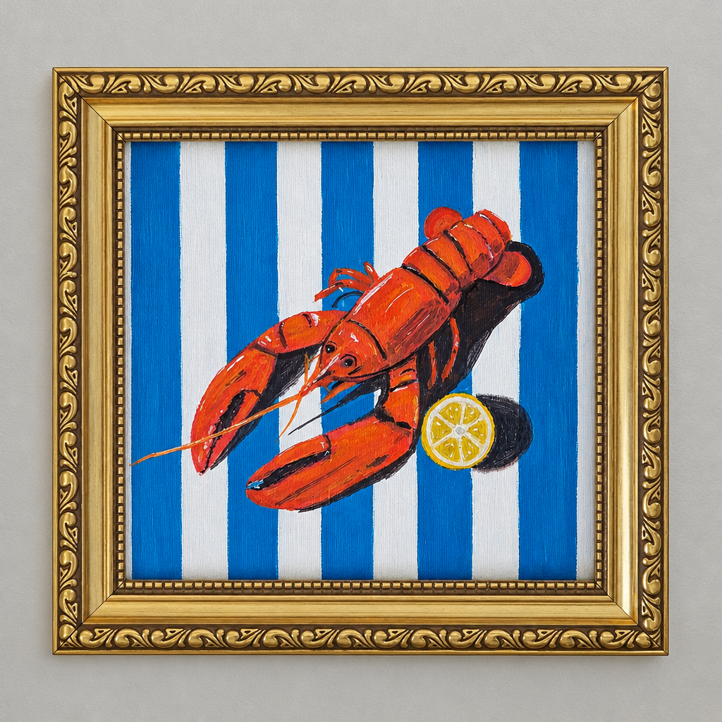 Framed original acrylic painting of a red lobster with a lemon slice on blue and white stripes, in an ornate gold frame, straightened and squared.