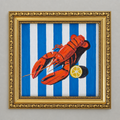 Framed original acrylic painting of a red lobster with a lemon slice on blue and white stripes, in an ornate gold frame, straightened and squared.