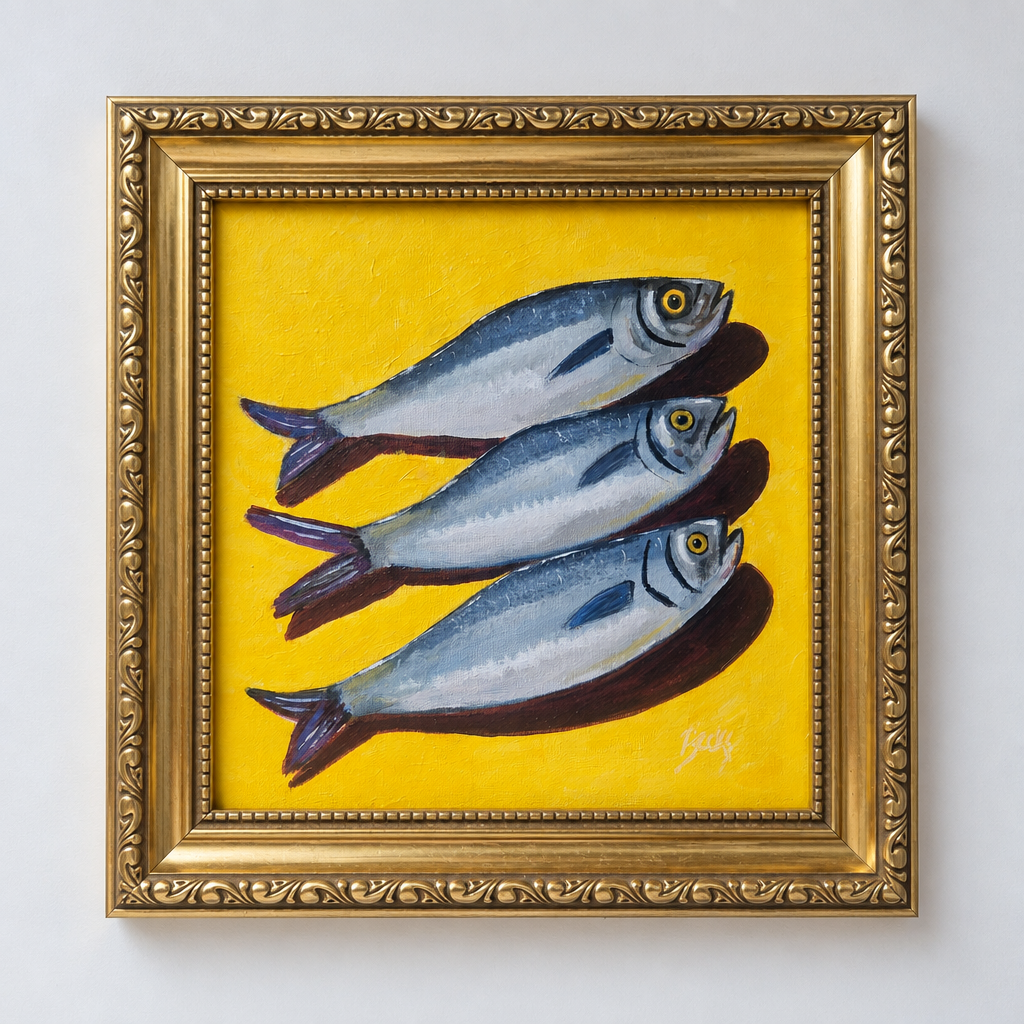 Straight-on view of an original three fish painting on a yellow background in an ornate gold frame