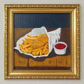 Straight-on view of an original chips and ketchup painting in an ornate gold frame