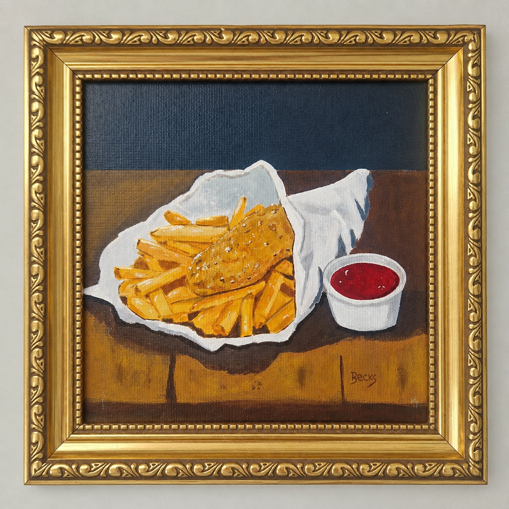 Straight-on view of an original chips and ketchup painting in an ornate gold frame