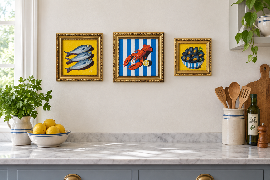 Lifestyle mock-up of the framed lobster painting hung at the centre of a kitchen gallery wall, with the sardines painting on a yellow background and a mussel bowl painting in matching gold frames.