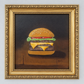 Straight-on view of an original burger painting in an ornate gold frame