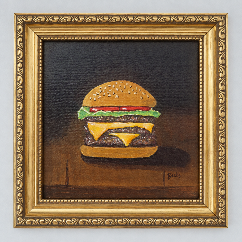 Straight-on view of an original burger painting in an ornate gold frame