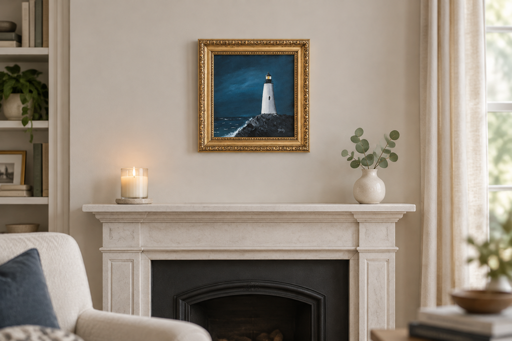 Lighthouse painting above a living room fireplace