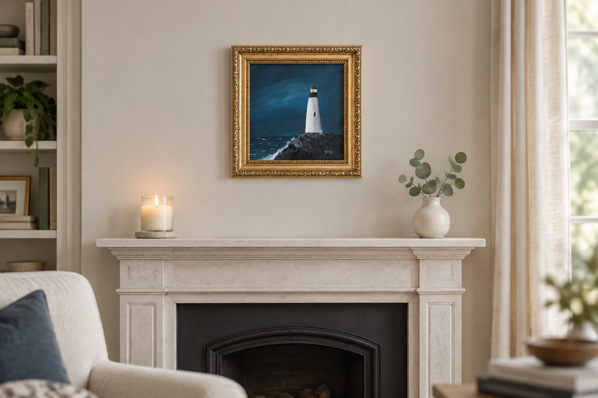 Lighthouse painting above a living room fireplace