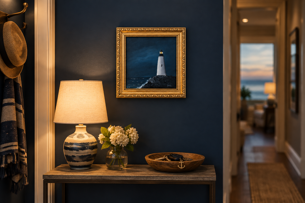 Lighthouse painting in a navy hallway