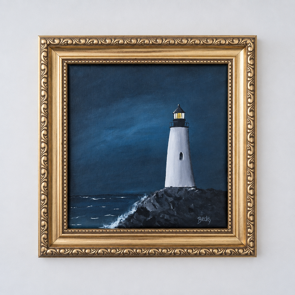 Lighthouse at Night - Original Framed Painting
