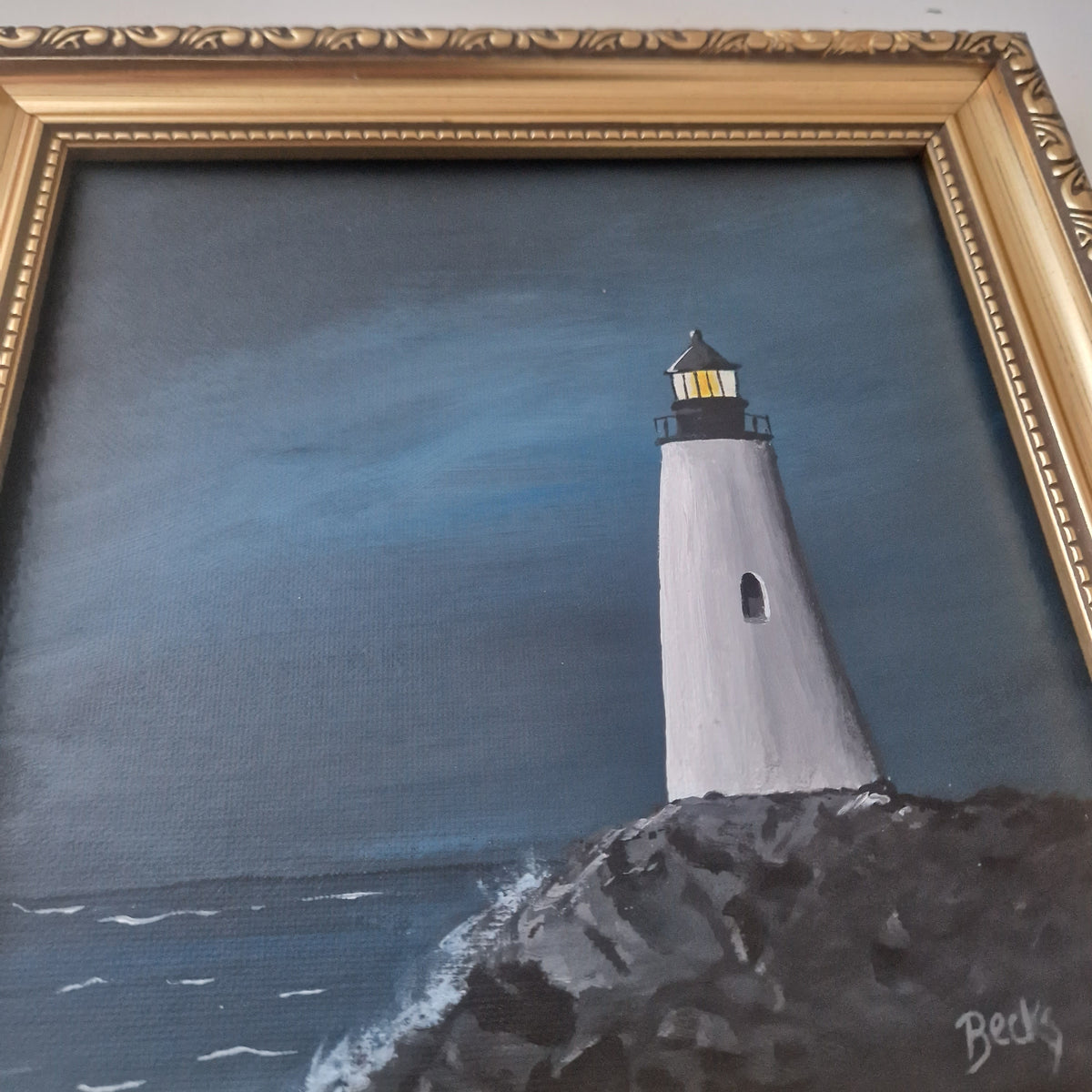 Lighthouse at Night - Original Framed Painting
