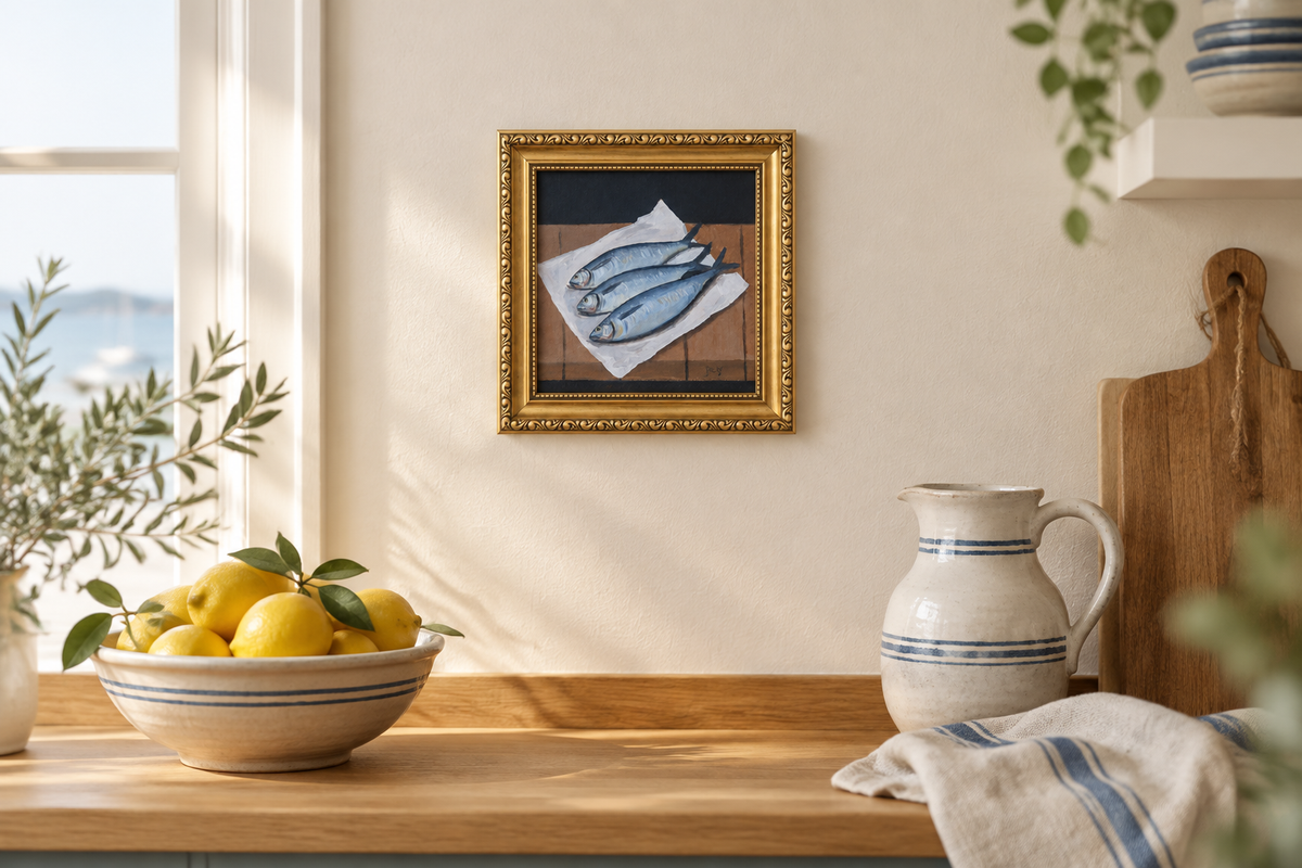 Sardines painting in a coastal kitchen