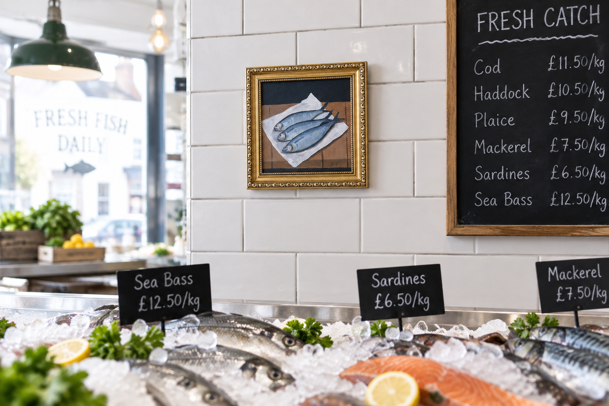 Sardines painting in a fishmonger shop