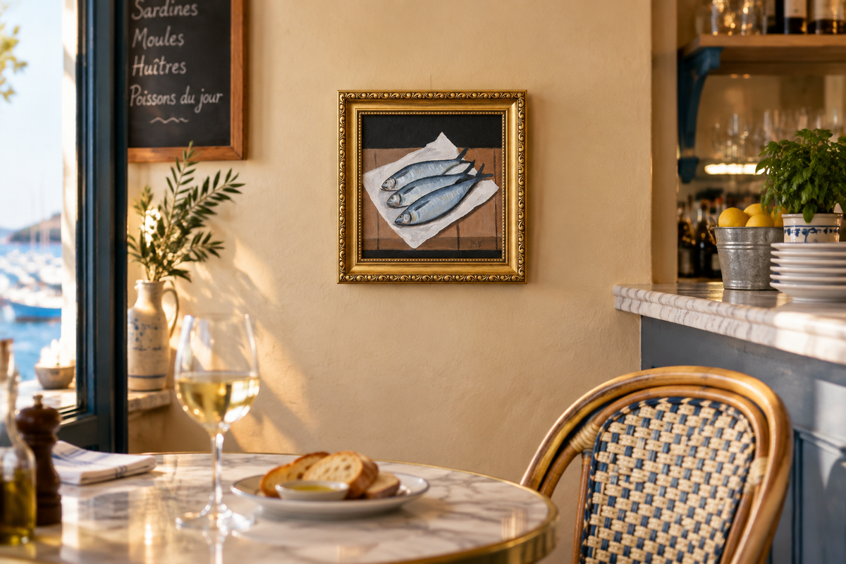 Sardines painting in a seaside seafood café