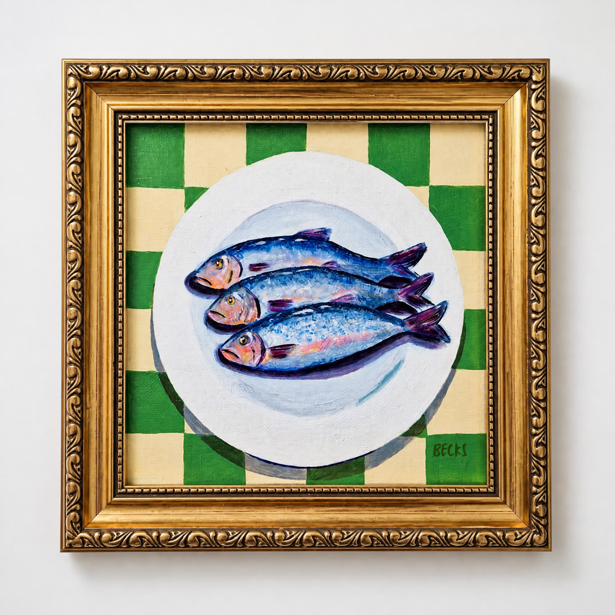 Three Sardines on Chequerboard – Original Framed Painting