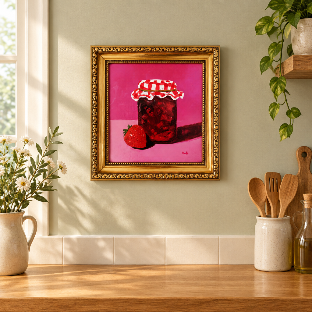 Strawberry Jam artwork mock-up on a cosy kitchen wall