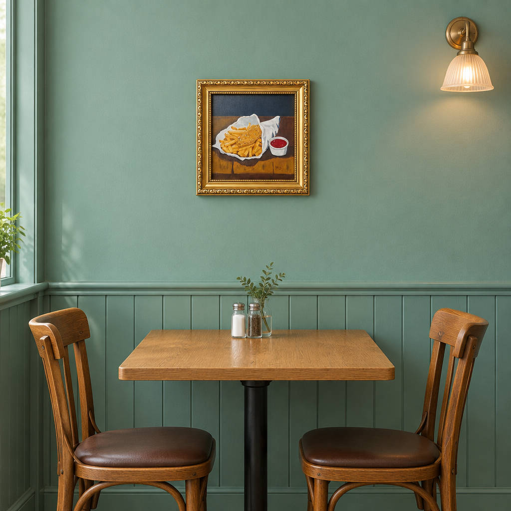 True-scale 10 × 10 inch framed painting in a fish-and-chip café